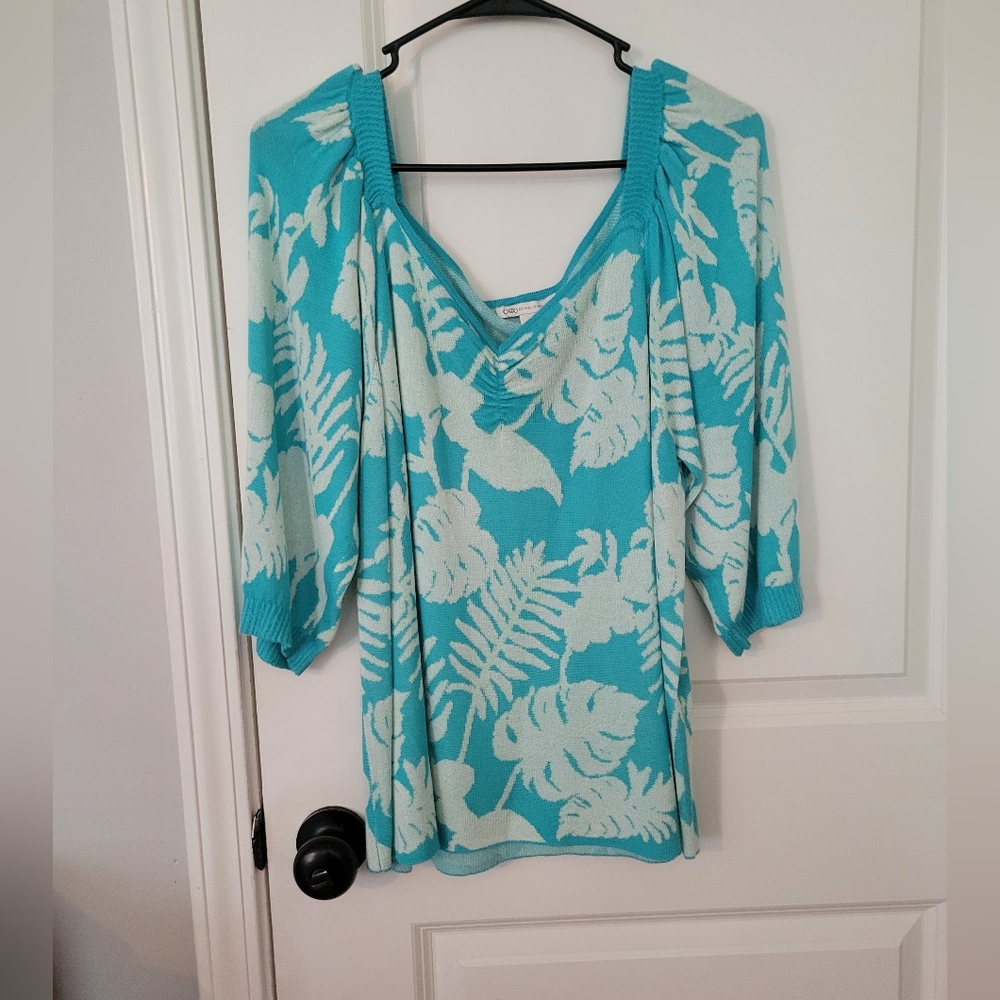 Cato Aqua and Cream Leaf Print Swim Cover-Up
